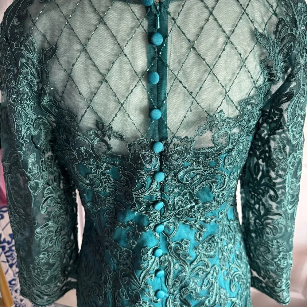 Mother Of The Bride Knee Length Chiffon Lace Formal Dress Teal Green SZ 12 NWOT - Picture 3 of 14